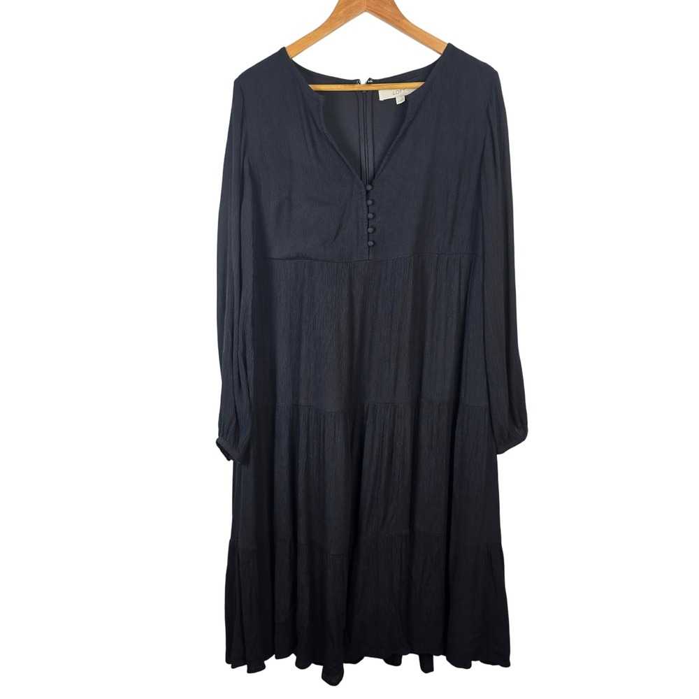 LOFT Black‎ Midi Dress Tiered Long Sleeve V Neck Button Women's Size S